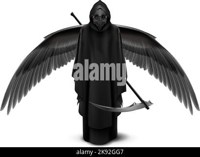 Peste Docteur avec deux ailes et un Scythe dans ses mains. Symbole de la mort médiévale Plague Docteur masque isolé sur fond blanc pour le Web, affiche, Info GR Illustration de Vecteur