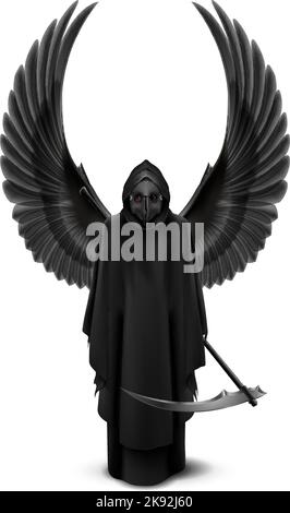 Peste Docteur avec deux ailes en haut et un Scythe dans ses mains. Symbole de la mort médiévale Plague Docteur masque isolé sur fond blanc pour le Web, affiche, Info Illustration de Vecteur