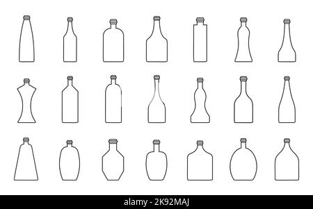 Jeu d'icônes de la ligne noire simple de l'alcool en bouteille. Formes Defférentes de flacons linéaires en verre plastique. Récipients modernes pour liquides. Vodka whisky soda bière eau eau eau-de-vie lait et autre boisson bouteille symbole plat Illustration de Vecteur
