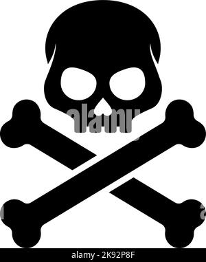 Silhouette noire du crâne et des os du mal. Jolly Roger. Avertissement de mort, symbole crâne et Crossbone, icône poison ou pictogramme de style glyphe sur blanc Illustration de Vecteur