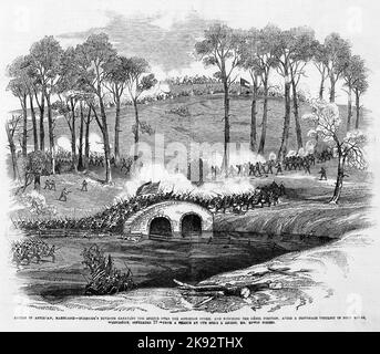 Bataille d'Antietam, Maryland - la division du général Ambrose Everett Burnside portant le pont au-dessus du ruisseau d'Antietam, et prenant la position de la Rebel, après un conflit désespéré de quatre heures, mercredi, 17 septembre 1862. Illustration de la guerre de Sécession américaine du 19th siècle tirée du journal illustré de Frank Leslie Banque D'Images