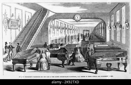 La salle de guerre d'Horatio Worcester pour la vente du pianoforte à plaque articulée, à l'angle nord-est de Third Avenue et de Fournieth Street, New York City. Octobre 1862. Illustration de la guerre de Sécession américaine du 19th siècle tirée du journal illustré de Frank Leslie Banque D'Images