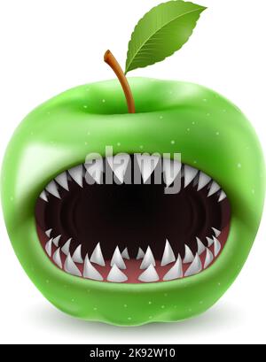 Personnage de dessin animé de pommes vertes mûres Monster pour Halloween avec Shark Jaw. Concept des fruits des fêtes d'automne sur fond blanc Illustration de Vecteur