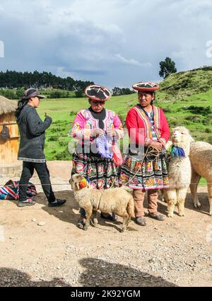 CUSZO, PÉROU - 16 JANVIER 2015 : une femme indienne pose avec un lama pour les touristes à Cuzco, Pérou pour gagner de l'argent. Banque D'Images