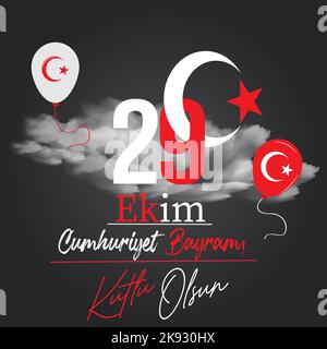 29 Ekim Cumhuriyet Bayrami kutlu olsun, jour de la République de Turquie. Traduction : 29 octobre Journée de la République de Turquie, joyeuses fêtes. Illustration vectorielle. Illustration de Vecteur