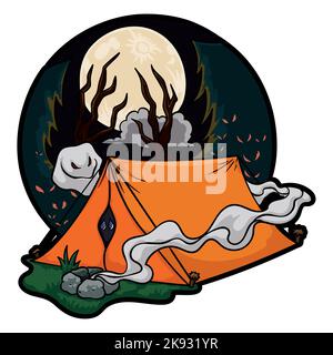 Scène de camping effrayante avec une personne effarée à l'intérieur de la tente, fumée de feu de camp éteint, forêt avec des pins, des troncs morts et des fantômes effrayants dans une pleine lune n Illustration de Vecteur