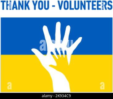 Merci - bénévoles. Le concept à deux mains sur le fond du drapeau ukrainien, symbolisant l'aide, la solidarité et le soutien à l'Ukraine Illustration de Vecteur