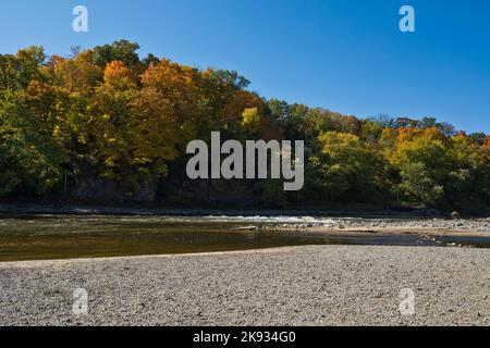 Feuillage d'automne et barre de sable le long de la rivière Cedar, le jour de l'automne en Iowa. Banque D'Images