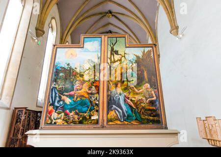 COLMAR, FRANCE - 3 JUILLET 2013 : les gens visitent le retable Isenheim, sculpté et peint par les Allemands Niclaus de Haguenau et Matthias Gruenewald i. Banque D'Images