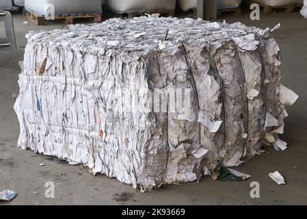 Papier de recyclage pressé sur le sol à l'usine de traitement des déchets Banque D'Images