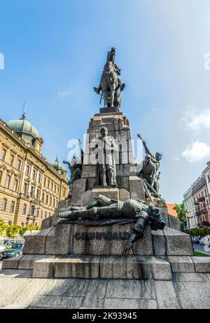 CRACOVIE, POLOGNE - SEPTEMBRE 5 : une figure d'un chevalier battu sur le monument dédié à la bataille de Grunwald le 5 septembre 2014 dans la vieille ville de Cracovie, Banque D'Images