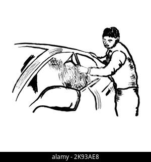 Illustration dessinée à la main de l'homme nettoyant voiture automobile. Service de raclage de voiture, lavage de fenêtre propre. Esquisse à encre noire Banque D'Images