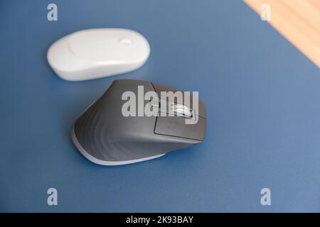 Comparaison de la souris verticale ergonomique et de la souris générale sur le bureau sur le lieu de travail, prévention de la douleur au poignet. Ténosynovite de Quervain, intersection Sympto Banque D'Images