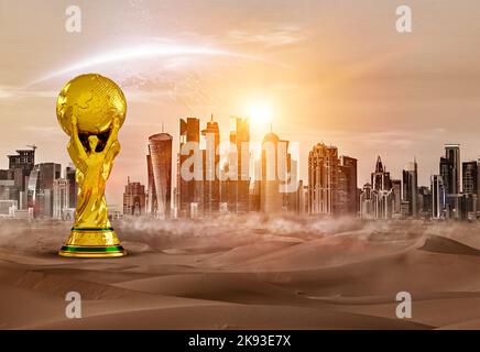 Doha, Qatar Une vue de la ville de Doha, Qatar. Coupe du monde. Célébration de la victoire de la coupe avec le stade. Illustration isolée Banque D'Images