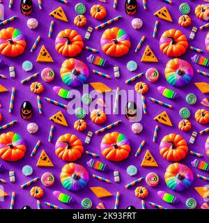 Motif sans couture de friandises colorées pour Halloween Banque D'Images