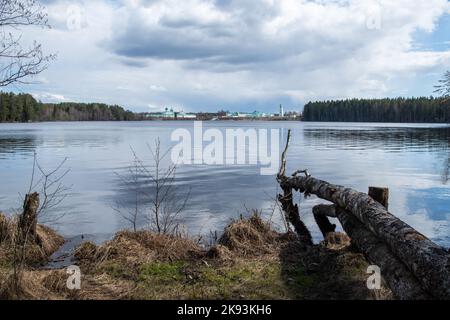 Vue sur le lac Roshchinsky et le monastère Trinity Alexander-Svirsky. Village Staraya Sloboda, région de Leningrad, Russie Banque D'Images