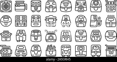 Les icônes de l'airfryer définissent le vecteur de contour. Boulangerie des frites. Faites cuire les aliments Illustration de Vecteur