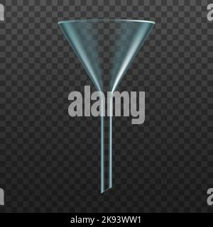 Entonnoir en verre isolé, verrerie de laboratoire ou équipement de test de laboratoire, vecteur réaliste. Entonnoir en verre transparent ou filtre en plastique, tube d'expérimentation en laboratoire de chimie ou cylindre volumétrique de filtration Illustration de Vecteur