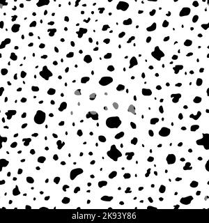Motif dalmatien ou vache sans couture, fond vectoriel avec taches noires sur fond blanc. Peau détaillée à pois pour animaux, taches de fourrure pour chiens. Imprimé pour le textile, la texture du jeu, le tissu ou le motif Illustration de Vecteur