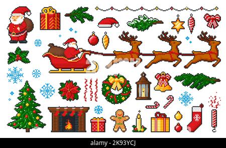 8 bits Noël et nouvel an pixels icônes ou personnages actif de jeu. Père Noël, cadeaux et traîneau, flocon de neige, arbre, cloche de Noël vectorielle, couronne et balles, bas de noël, boîte à présent, cannes de bonbons et boucles de ruban Illustration de Vecteur