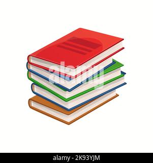 Les livres de dessins animés, les manuels et les BEST-sellers s'empilent. Pile vectorielle isolée de volumes d'encyclopédie scolaire, livres scolaires, dictionnaire, littérature de bibliothèque, roman, conte de fées ou versets avec couvertures colorées Illustration de Vecteur