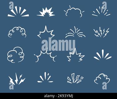 Explosion de bombe à dessin animé, nuages comiques et bulles de boum de fumée, icônes vectorielles. L'explosion de la bombe à Doodle a éclaté et les effets de l'explosion de souffle, la TNT de dynamite ou les champignons de la bombe atomique explosent et les icônes d'accident Illustration de Vecteur