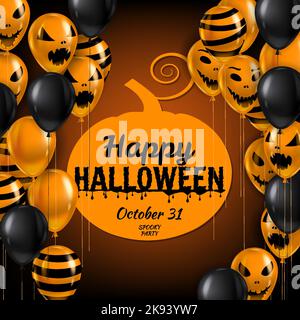 Joyeux arrière-plan Halloween, bannière avec air de ballons réaliste. Sourires effrayants, icônes fantômes noir, couleurs orange. Modèle Halloween Illustration de Vecteur