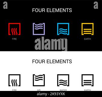 Quatre éléments de la nature le feu, l'air, l'eau, la terre. Modèles pour énergie renouvelable ou écologie Logos inscrits dans un carré. Concept abstrait de alternatif Illustration de Vecteur