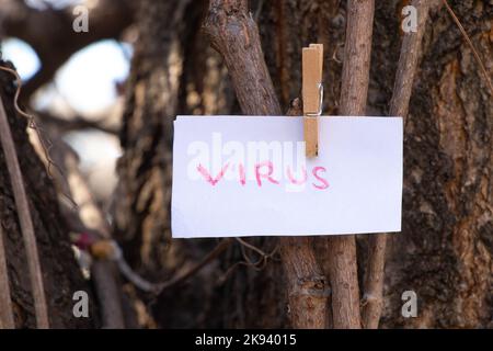 Le mot viral en anglais est écrit en rouge sur une feuille blanche. Il pèse sur les branches au printemps en Ukraine pendant la pandémie. Banque D'Images