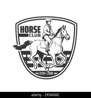 Icône de club de chevaux de vecteur équestre, course, équitation ou sport de polo. Emblème vintage de cheval de course et de jockey avec casque de cavalier, équipement de selle et d'équine, symbole de course de derby ou de saut Illustration de Vecteur