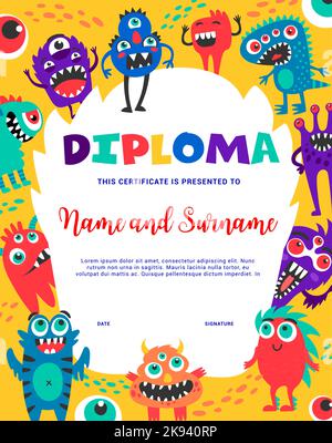 Diplôme pour enfants avec personnages monstres amusants. Un certificat d'école ou de jardin d'enfants avec des animaux amusants et colorés, des extraterrestres ou des créatures d'Halloween. Modèle de remise des diplômes ou de remise des prix Illustration de Vecteur