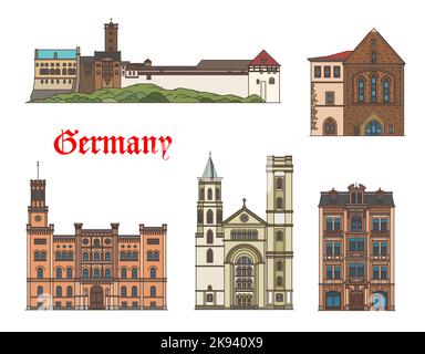 Allemagne bâtiments de Zittau et Eisenach Wartburg, sites d'architecture vectoriels. Les bâtiments allemands de Thuringe et de Saxe du palais et château de Noacksches Haus, de l'église de Pédigerkirche et de Saint-Jean Illustration de Vecteur