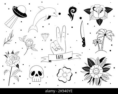 Ensemble de tatouage de style Y2K, 1990s, 2000s. EMO goth élément design avec couteau, rose, fleur, feu, crâne. Tatouage de la vieille école. Illustration vectorielle. Illustration de Vecteur