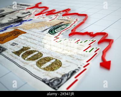 Flèche rouge décroche sur la facture Dollar. 3D illustration. Banque D'Images