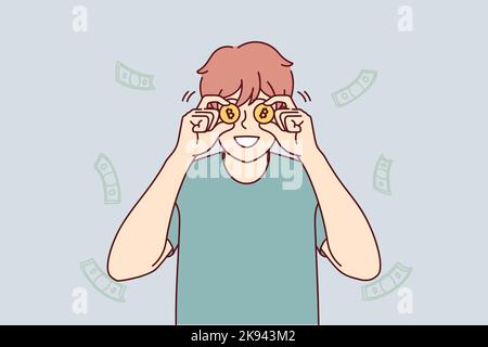 Jeune homme souriant avec des bitcoins excités avec des revenus ou des revenus. Un investisseur ou un financier masculin heureux se réjoui d'un taux ou d'un investissement réussi. Illustration vectorielle. Illustration de Vecteur