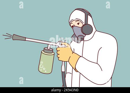 Homme en uniforme de protection pulvérisant des pesticides pour tuer des insectes et des rongeurs. Exterminateur mâle ou agent de lutte antiparasitaire en costume pour la désinfection. Illustration vectorielle. Illustration de Vecteur