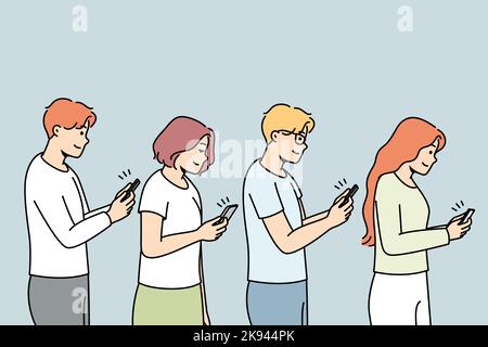 Les jeunes en ligne avec les smartphones dans les mains adonnés aux gadgets. Les hommes et les femmes avec la dépendance aux téléphones cellulaires. Technologie et monde moderne. Illustration vectorielle. Illustration de Vecteur