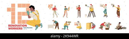 Ouvriers de rénovation, réparateurs, plombiers et peintres. Divers maîtres de personnes fixent des meubles cassés, des appareils, des tuyaux et des murs de peinture, illustration de dessin animé vectoriel isolée sur fond blanc Illustration de Vecteur