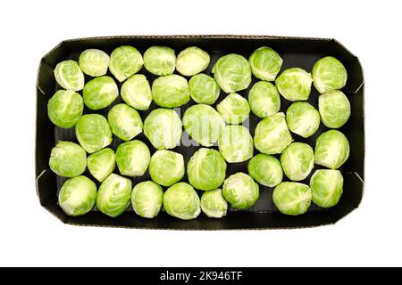 Choux de Bruxelles frais, dans un punnet en carton noir, d'en haut, isolés sur du blanc. Légume à feuilles vertes, apparaissant comme des cabages miniatures. Banque D'Images