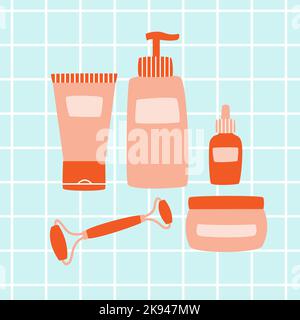 Produits cosmétiques et outils pour les soins de la peau. Tubes, flacons et rouleau facial. Illustration de Vecteur