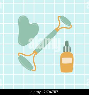 Outils de massage facial Gua Sha. Huile pour rouleau, racleur et visage Jade. Illustration de Vecteur