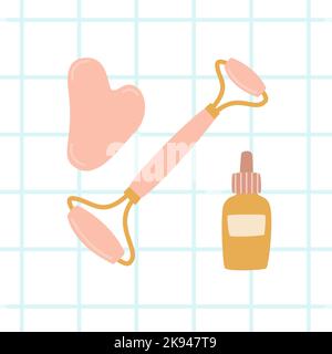 Outils de massage facial Gua Sha. Rouleau en quartz rose, racleur et huile de face. Illustration de Vecteur