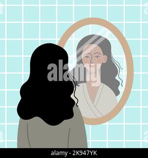 Femme se regardant dans le miroir de la salle de bains. Illustration de Vecteur