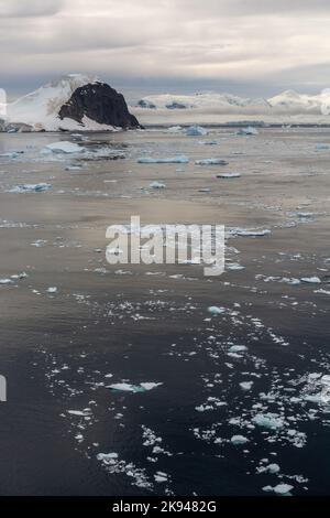 glace à brises et icebergs dans les eaux du chenal errera approchant l'île de cuverville. péninsule antarctique. antarctique Banque D'Images