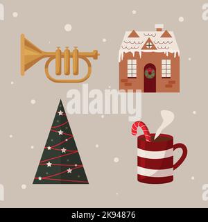 ensemble d'autocollants de noël maison de pain d'épice corne chocolat chaud tasse et arbre de noël Illustration de Vecteur