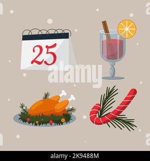 ensemble d'autocollants de noël verre de dinde de vin chaud et calendrier Illustration de Vecteur