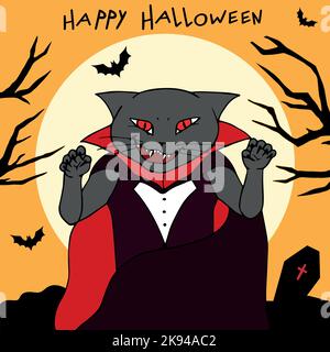 Vampire de chat sur fond effrayant. Joyeux Halloween. Illustration vectorielle dessinée à la main Illustration de Vecteur