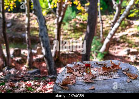 Thé turc traditionnel sur le rocher avec feuilles d'avion. Thé turc sur le top rock. Bakground de forêt floue. Photo de concept d'idée de pique-nique. Mise au point sélective Banque D'Images