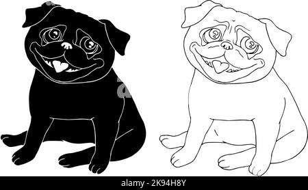 Des pugs drôles en noir et blanc isolés sur fond blanc. Dessin d'un chien dessiné à la main. Illustration vectorielle simple d'un animal de compagnie Illustration de Vecteur