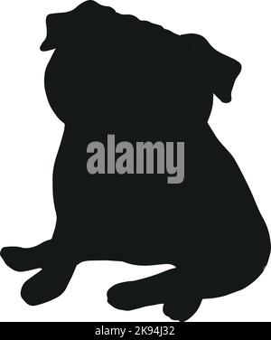 Silhouette de pug assise drôle isolée sur fond blanc. Illustration vectorielle noire dessinée à la main d'un chien. Illustration vectorielle simple d'un animal de compagnie Illustration de Vecteur